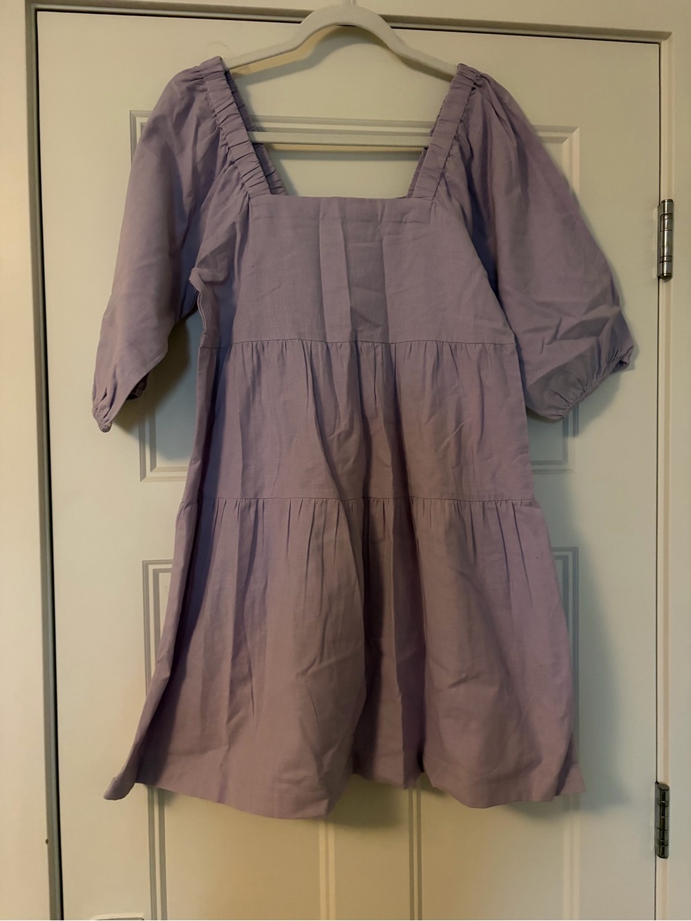 Lilac Puff-Sleeve Tiered Square-Neck Casual Dress